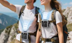 two people hiking with portable fans around their necks