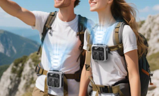 two people hiking with portable fans around their necks
