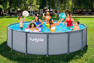 Lifestyle image of the Funsicle Above Ground swimming pool being used outdoors by a group of people