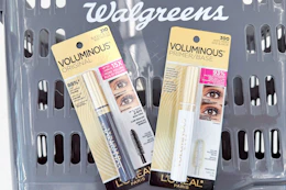 loreal mascaras in front of a walgreens basket