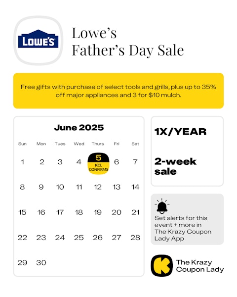 Calendar Graphic with Lowes Fathers Day Sale for june 5 2025