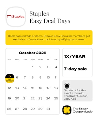 Calendar Graphic with Staples Easy Deal Days for October 5 2025