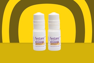 two systane eye drops on a yellow background