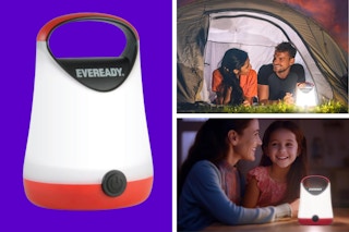 An Eveready LED lantern, two people using it in a tent, a mother and child using it in a blackout