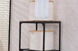 fabric storage baskets on a shelf