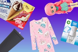 Klondike cones, Care Bear pajamas, Cry Baby doll, Mainstays tumbler, Air Wick