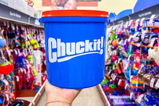 person holding a chuck it bucket in the dog toy aisle