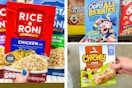 quaker chewy bars, cap'n crunch cereal, rice-a-roni 3-photo collage