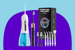 VOLTLEAP Sonic Electric Toothbrush on a blue background.