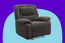 Stock image of Gray Serta recliner over blue max shape background