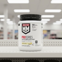 muscle milk protein canister on store shelf