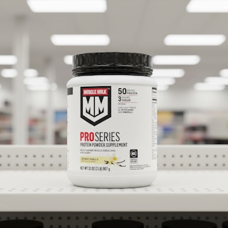 muscle milk protein canister on store shelf