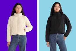 cream and black women's puffer jackets