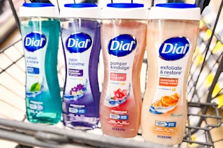 four bottles of dial body wash in a shopping cart