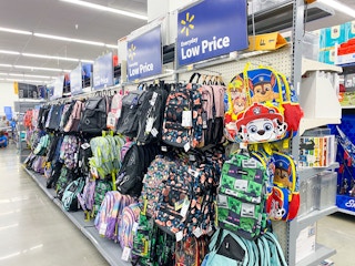 Character backpacks on display at Walmart