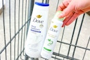 dove body wash and deodorant in a shopping cart