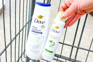 dove body wash and deodorant in a shopping cart