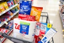 toilet paper, nutri-grain bars, toothpaste-candy, and more in a cart