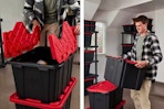 2 lifestyle images of the HDX 27-gallon tote with red lid (one close up shot of the lid being opened and one image of a man carrying a tote)