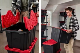 2 lifestyle images of the HDX 27-gallon tote with red lid (one close up shot of the lid being opened and one image of a man carrying a tote)