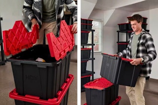 2 lifestyle images of the HDX 27-gallon tote with red lid (one close up shot of the lid being opened and one image of a man carrying a tote)