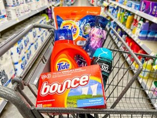 walgreens cart with tide laundry detergent, bounce dryer sheets, downy fabric softener, and downy unstopables