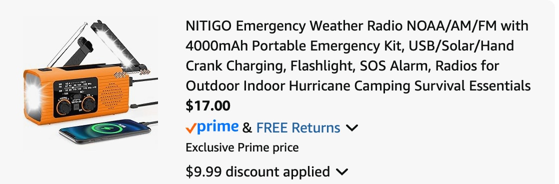 emergency radio Amazon receipt