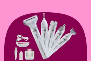 Tru Ritual Face and Body Trimmer kit on a maroon and pink background.