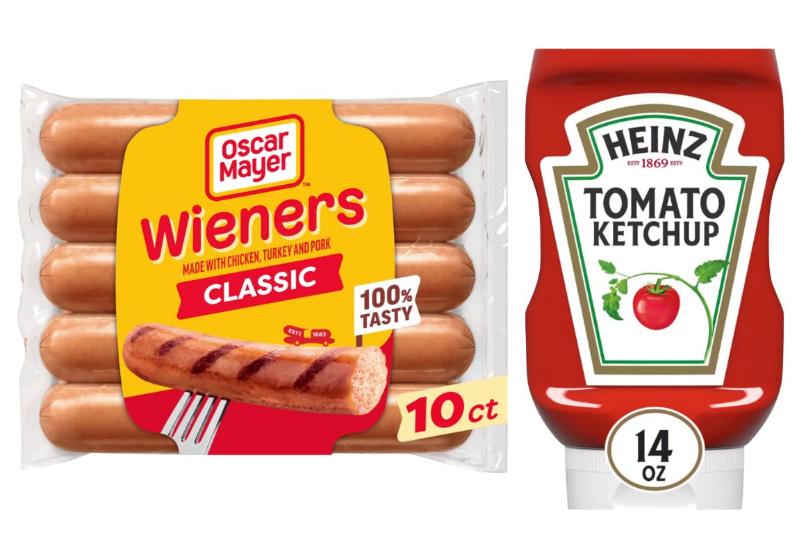 1 Oscar Mayer Wieners Pack and 1 Heinz Ketchup Bottle