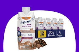 ensure max protein shake on a purple and white background