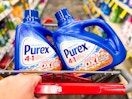 Purex laundry detergent bottles in a cvs shopping cart