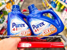 Purex laundry detergent bottles in a cvs shopping cart