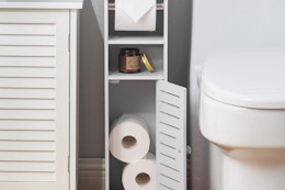Toilet Paper Holder With Cabinet Storage, Just $12.45 on Amazon card image