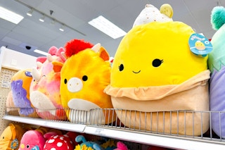 a variety of 16-inch Squishmallows on a shelf 