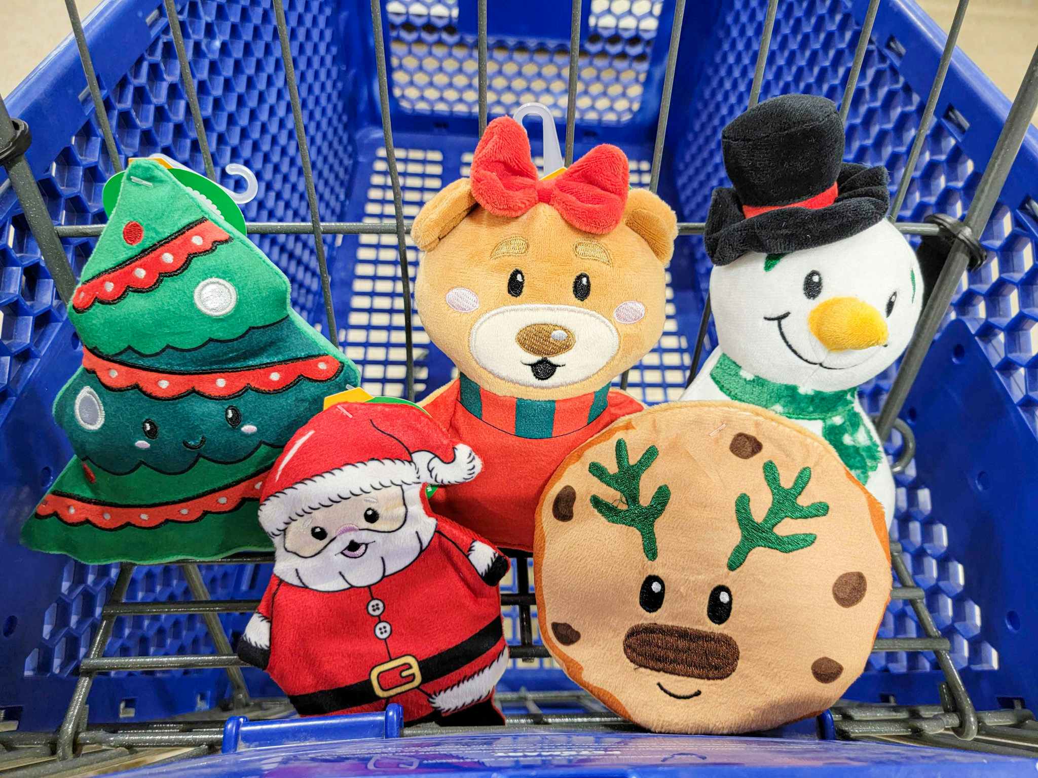 holiday dog toys in a cart