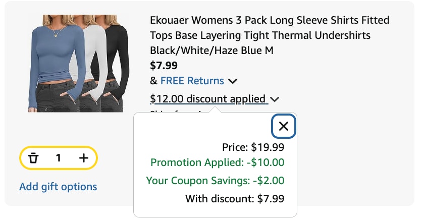 Long sleeve top Amazon receipt
