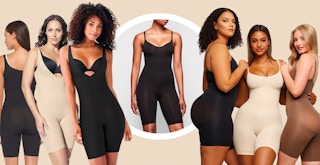 Some Skims dupe products on models next to the original Skims shapewear