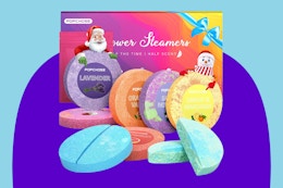  POPCHOSE Shower Steamers Aromatherapy 8 Pack on a blue background.