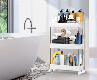 A Spacekeeper storage cart in a bathroom.