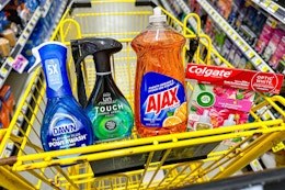 febreze, dawn, ajax, colgate, air wick products in a dollar general shopping cart