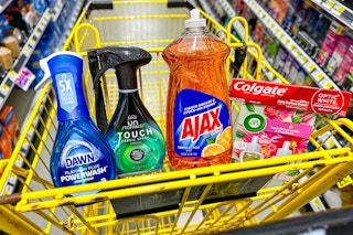 febreze, dawn, ajax, colgate, air wick products in a dollar general shopping cart