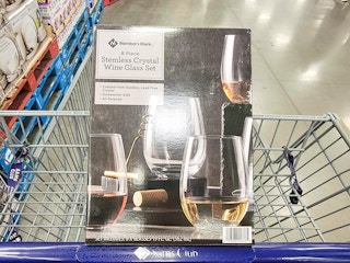 a pack of stemless crystal wine glasses in a cart