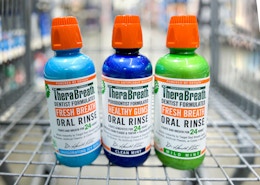 TheraBreath Fresh Breath Mouthwash: Get 4 Bottles for $21.08 on Amazon card image