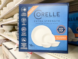 corelle 16-piece dinnerware set sitting on a target shelf