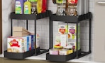 two 2-tier organizers with household items on them