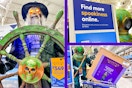 three images of halloween decor in store at lowes and online signage 