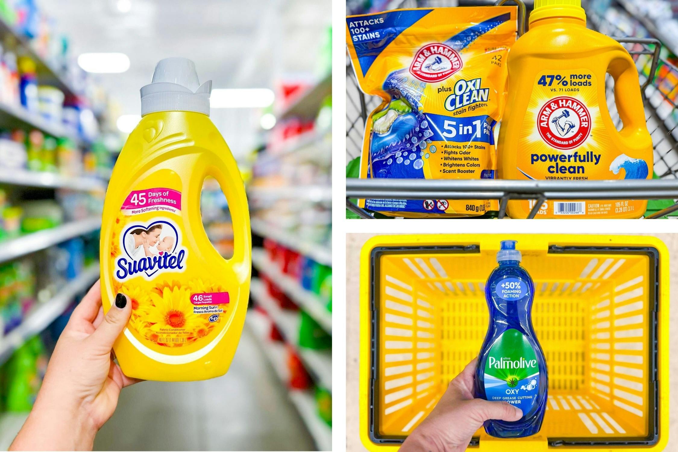 dollar general suavitel, arm hammer, palmolive 3-photo collage