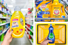 dollar general suavitel, arm hammer, palmolive 3-photo collage