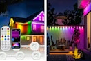 2 lifestyle images of the Pucachi permanent outdoor lights set up on home