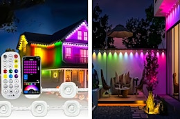 2 lifestyle images of the Pucachi permanent outdoor lights set up on home
